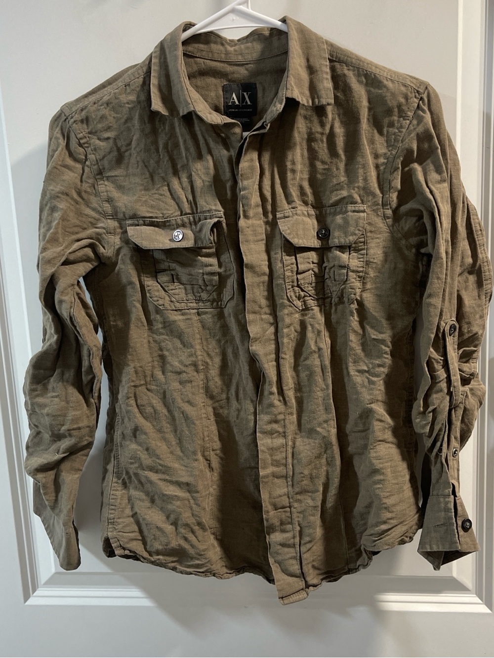 A/X Armani Exchange Men's Olive Green Military Field Shirt Linen/Cotton